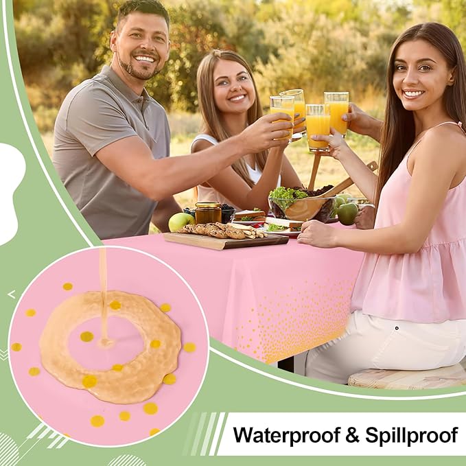 misaya 3 Packs Dot Disposable Table Cloth, 54 x 108 Inch Waterproof Plastic Tablecloth, Rectangle Gold Dots in Pink Table Covers for Mother's Day, Picnic, Birthday, Party