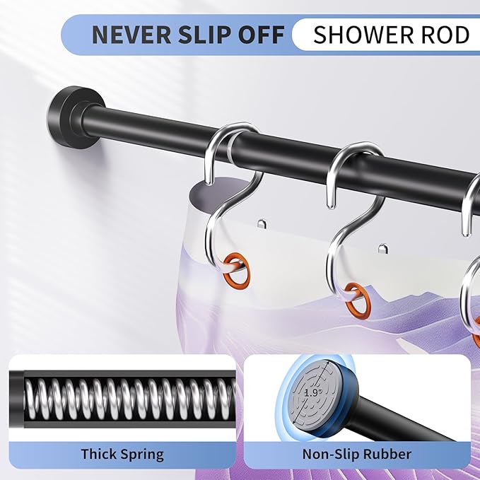 Black Shower Curtain Rod 34-96 Inches (2.8-8ft) Never Rust Adjustable Shower Rod Spring Tension Non-Slip No Drilling Shower Rods for Bathroom Garland Window
