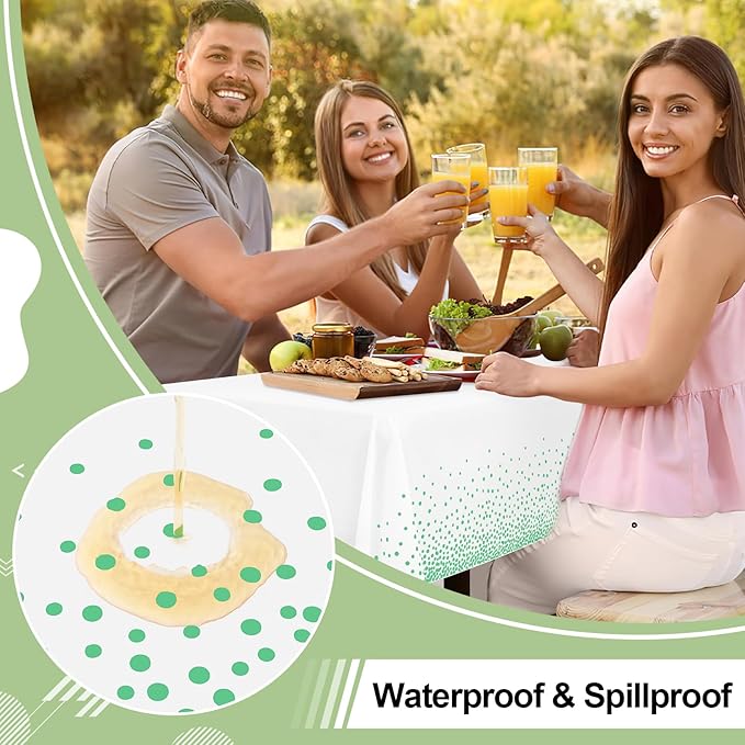 misaya 4 Packs Dot Disposable Table Cloth, 54 x 108 Inch Waterproof Plastic Tablecloth, Rectangle Green Dots in White Table Covers for Picnic, Birthday, Party