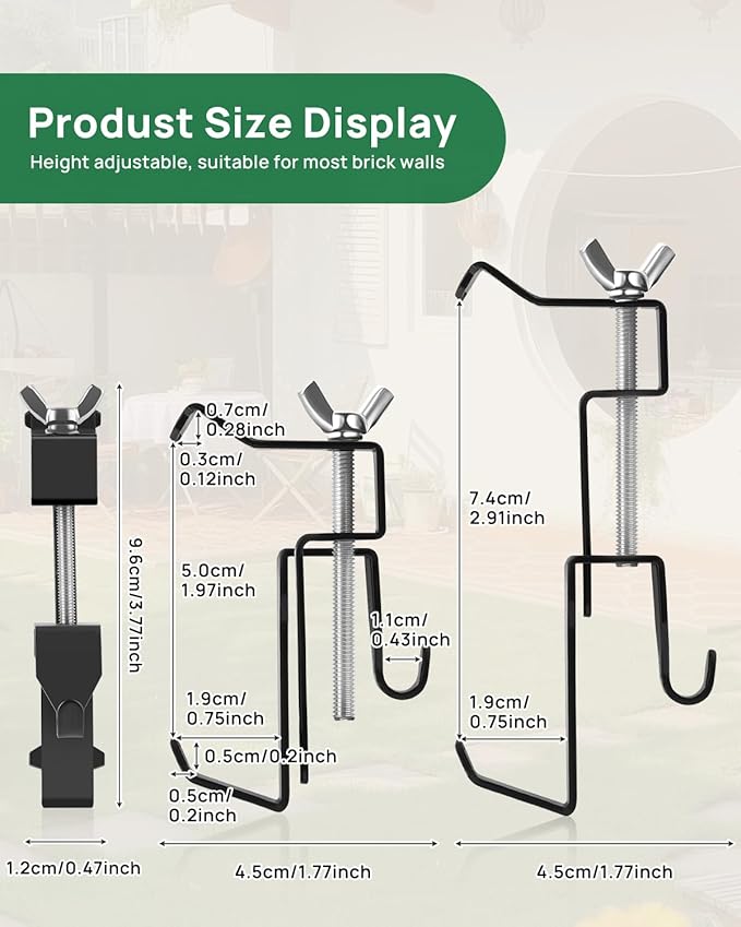 Brick Clips, Brick Hangers Hooks for Hanging Outdoors No Drill, 1.97-2.91 inches Adjustable Brick Wall Clips, Metal Brick Picture Hangers No Damage (Pack of 4, Black)