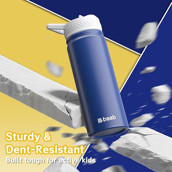 baab 18oz Kids Water Bottle, Insulated Water Bottle with Straw & Stickers, 18/8 Stainless Steel Vacuum Leakproof Kids Water Straw Cup for School, Perfect for Boy Girl (Navy Blue, 1 Pack)