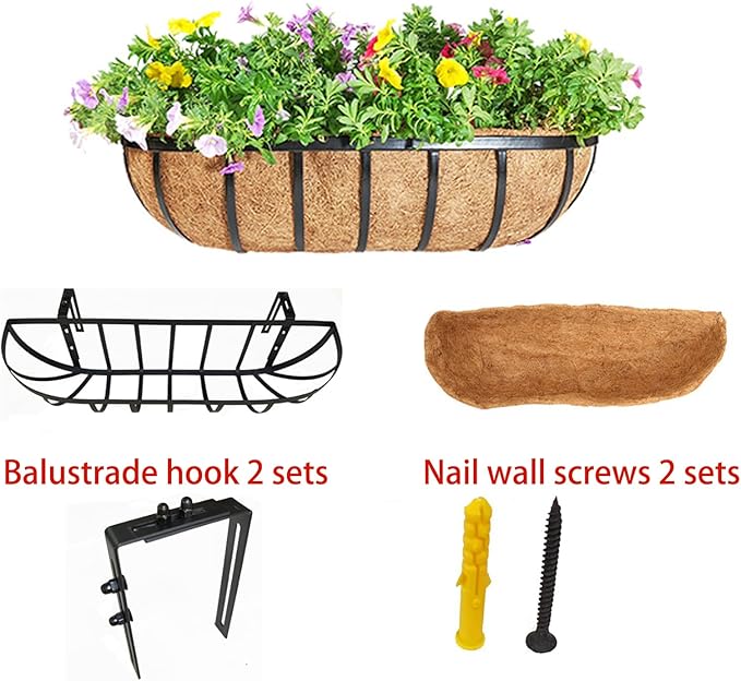 KIDYBELL 36“ Window Box Railing Planter with Coco Liner Metal Wall-Mounted Coconut Liner Planter Basket English Horse Trough Planters for Outdoor Deck Balcony Porch Fence Patio Black (2 Pack)