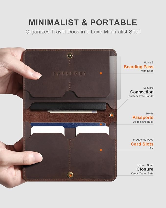 Rfid Blocking Leather Passport Holder for Travel with AirTag Slot, Slim Passport Cover Travel Wallet for Women Men, Travel Must Haves Gifts (Dark Brown)