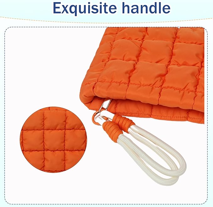 Puffy Quilted Makeup Bag Cosmetic Bag Equipped with a Detachable Handle Cute Zipper Pouch for Storage Clutch for Women(Orange)