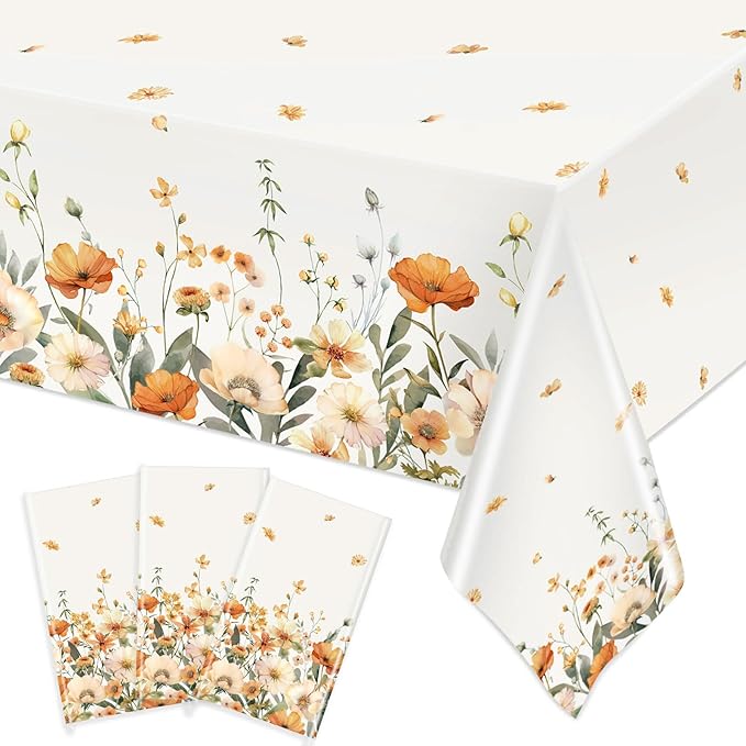 Ganeen 3 Pcs Fall Floral Tablecloth Disposable Plastic Table Covers Watercolor Wildflower Table Cover Waterproof Tablecloths for Autumn Birthday Wedding Party Decor, 54 x 108 Inch