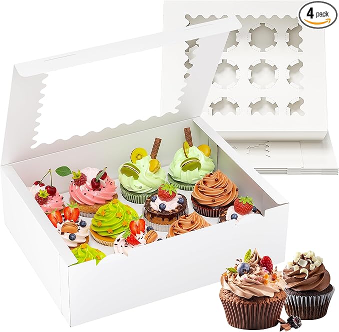 RYDDOY 4 Pack Cupcake Boxes, Hold 12 Standard Cupcakes, Cupcake Containers with Window and Inserts, High Grade Cupcake Holder, for Birthday Holiday Party, Supplies for Cupcakes, Desserts and More