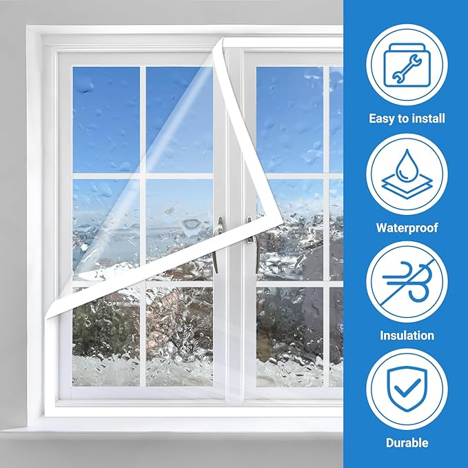 U0U 74x79inch Window Insulation Kit, Heavy Duty Plastic Window Insulation Kit with Double Sided Tape, Window Plastic Transparent Film for Block Cold and Dust