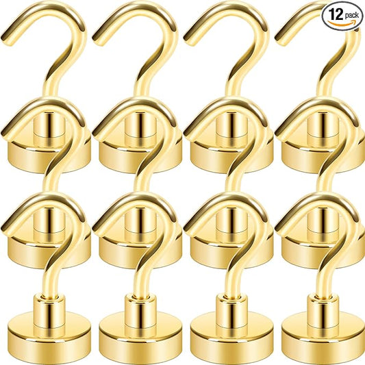 Neosmuk Magnetic Hooks, Heavy Duty 30lb+ Strong Magnet Hook for Cruise Cabins, Cruise Ship Essentials for Hanging, Metal Wall Refrigerator Hangers (Gold, 12 Pack)