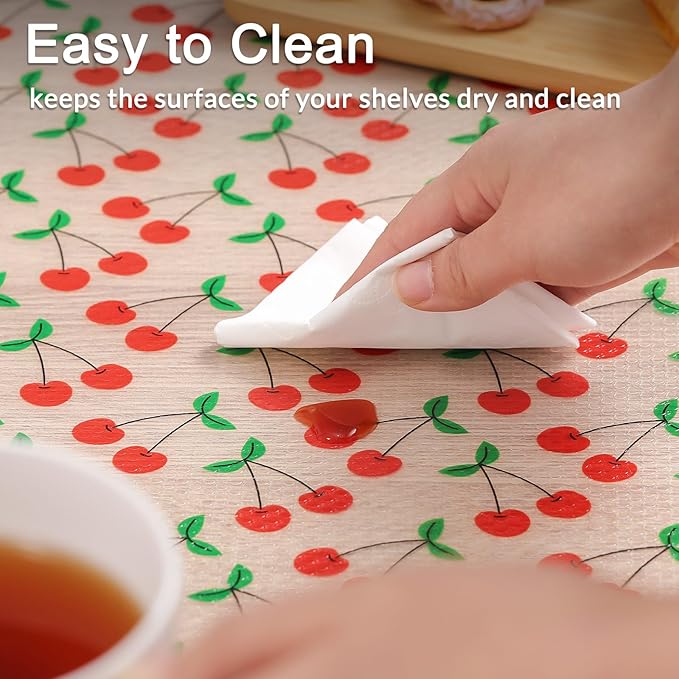 Cooyes Shelf Liner, Non-Adhesive Waterproof Shelf Paper with Fruit Pattern, Easy to Cut and Durable EVA Cabinet & Drawer Mat for Kitchen (17.5 Inch W x 360 Inch L, Red Cherry)