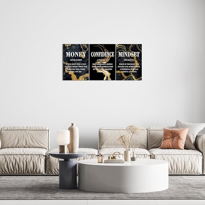 KAWAHONE- Money Never Sleeps, Motivational Canvas Wall Art,Inspirational Poster, Confidence Mindset Wall Decor Framed Inspirational Entrepreneurs Painting Prints Quotes Poster for Office Workplace Ready to Hang