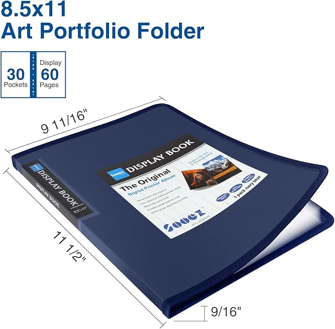 Sooez 30-Pocket Binder with Plastic Sleeves 8.5x11 (Navy Blue), Heavy Duty Art Portfolio Folder with Clear Sheet Protectors, Display 60 Pages, Presentation Book for Artwork, Document Organizer Binder
