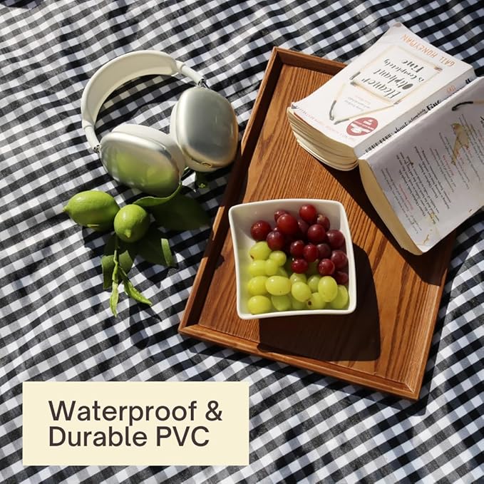 Cute Gingham Picnic Blanket, Waterproof Foldable, in Large 80x60in and Extra Large 80x80in, Portable Compact Beach Blanket, Oversized XL Outdoor Mat (Black, X-Large)