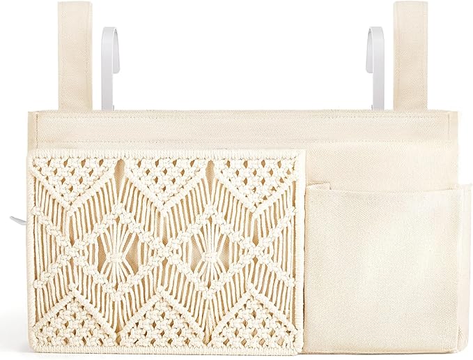 Mkono Bedside Caddy Hanging Organizer, Boho Macrame Storage with Fixed Straps and Hooks, 4 Pockets Holder Remote Magazine Accessories for Home Loft Bunk Bed, Dorm, Hospital Beds