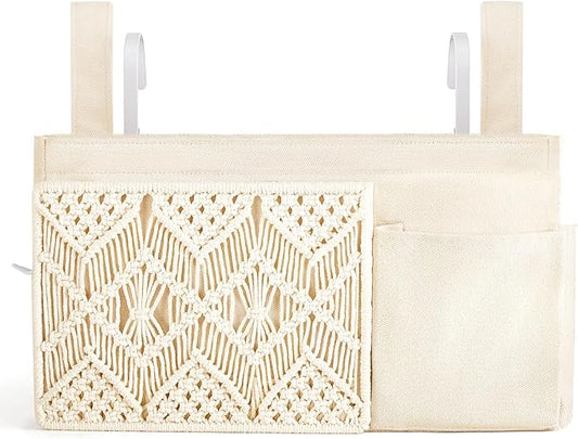 Mkono Bedside Caddy Hanging Organizer, Boho Macrame Storage with Fixed Straps and Hooks, 4 Pockets Holder Remote Magazine Accessories for Home Loft Bunk Bed, Dorm, Hospital Beds