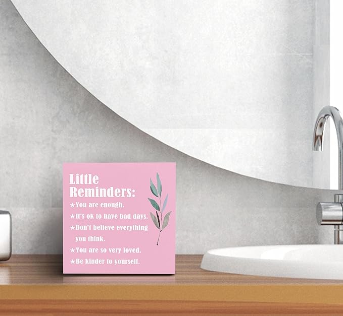 SRADMO Inspirational Little Reminders Wood Box Sign Desk Decor, Inspirational Desk Decor, College Motivational Positive Affirmation Gifts Box Sign For Office Home Dorm Tabletop Decoration(Pink)