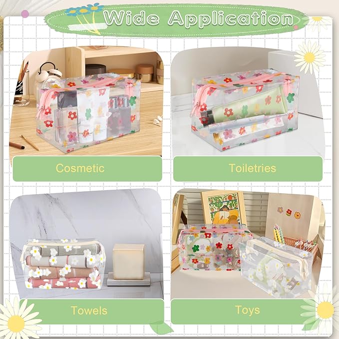 6 Pcs PVC Flower Toiletries Bags with Zipper Plastic Floral Cosmetic Organizer Empty Daisy Pattern Shower Bags Portable Zippered Makeup Pouches for Travel Beach Vacation Bathroom