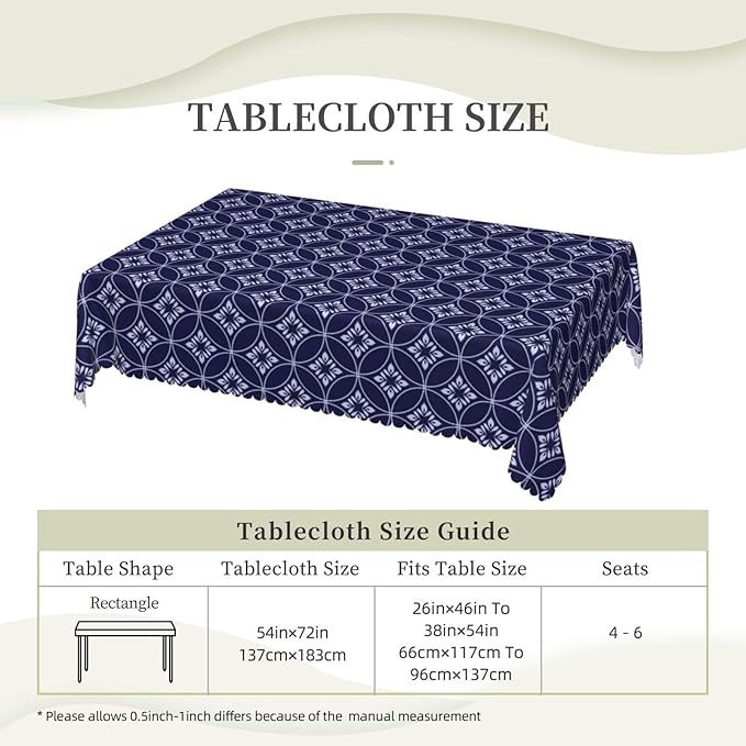 VIMPEYDON Indigo Circles Flower Table Cloth for Dining Tables, Reusable Blue White Abstract Floral Tablecloths Tabletop Decoration Rectangle Table Cover for Kitchen, Party, Holiday, 54x72 Inch