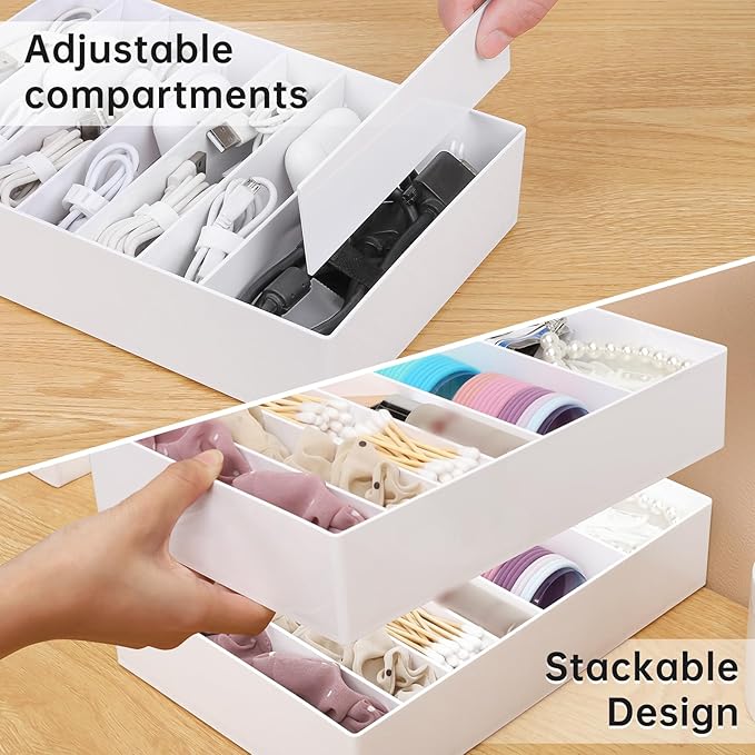PAVSTINE 2 Pcs Large Cable Organizer Box with Wire Ties, Plastic Charger Organizer box with 8 Compartments, Stackable Cord Organizer Box for Office, Home, Desk Drawer Stationery Supplies Storage, White