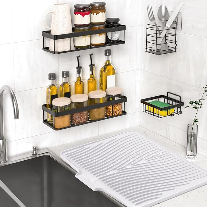 TIKNIK Dish Drying Mat,Stone Drying Mat for Kitchen Counter with Built-in Drain,Non-Slip Drying Matt Kitchen Counter, Heat Resistant Silicone Drying Mat, Dish Drying Pad, 2 Pcs(White, 20"x15")