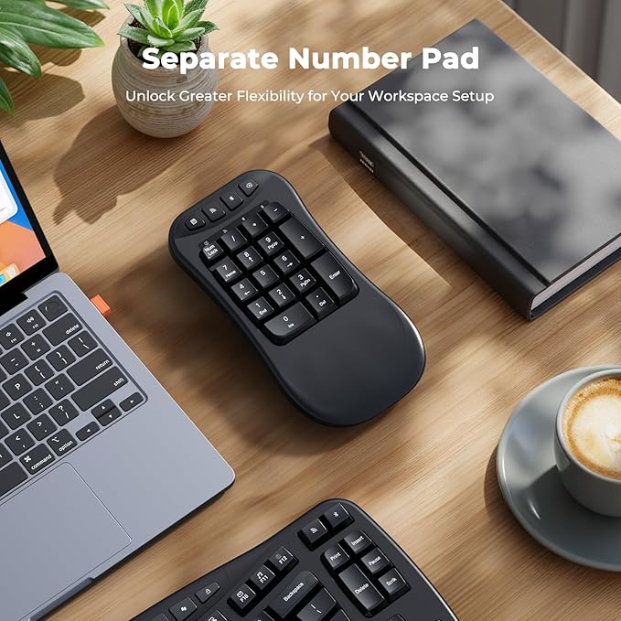MEETION Wave Ergonomic Keyboard, 2.4GHz Wireless/Bluetooth Split Keyboard with Wrist Rest, Separate Mini Numeric Keypad, Flexible 2-in-1 Setup for Left-Handed/Accountants/Data Entry