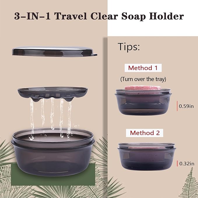 Travel Soap Case, Travel Soap Container with Drain Tray, Shampoo Bar Case with Lid for Shower, Traveling, Camping (Clear Black)