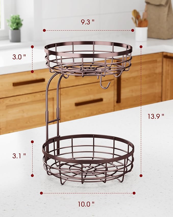 Sakugi Fruit Basket for Kitchen Counter - 2-Tier Large Capacity Fruit Bowl with Detachable Banana Hanger, Rust-Proof Metal Fruit Holder for Vegetables, Bread, Toiletry,10" D x 10" W x 14" H, Brown.