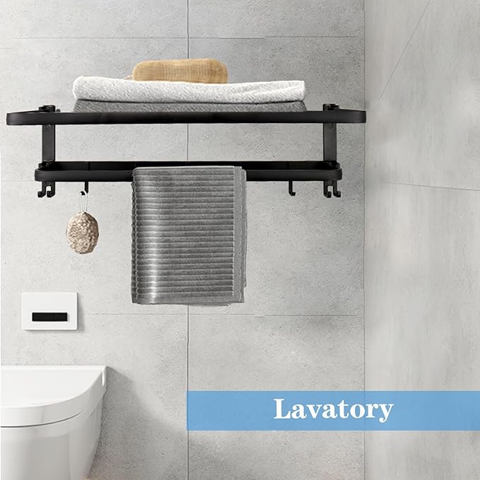 Towel Racks for Bathroom, Foldable Towel Shelf with Towel Bar & 7 Towel Hooks, Rustproof Double Bath Towel Holder Wall Mounted Towel Storage Hanger for Bathroom/Balcony/Lavatory(24In Black)