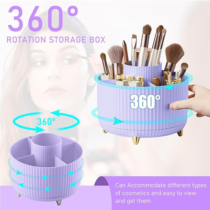 Diesisa Makeup Brush Holder Organizer, 360° Rotating Makeup Brush Organizer, 5 Slot Makeup Brushes Cup for Cosmetics, Nail Polish, Art Supply, Bathroom Vanity Desktop Organizer - Purple