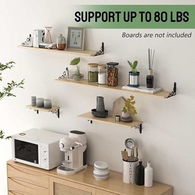 L Shelf Brackets for 5.5" 6" 7" Board, Floating Shelf Bracket Heavy Duty Metal Shelving Brackets for Shelves, Decorative Iron Rustic Wall Brackets for DIY Floating Shelf, 6 Pack Black
