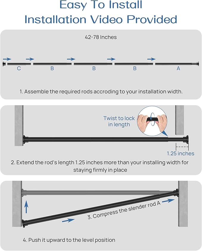 ALLZONE Adjustable Tension Curtain Rod, 42 to 78 Inches, Spring Loaded Curtain Rods No Drilling, Renter Friendly Tension Rod for Windows, Shower, Closet, No Drill, Non-Slip, Black