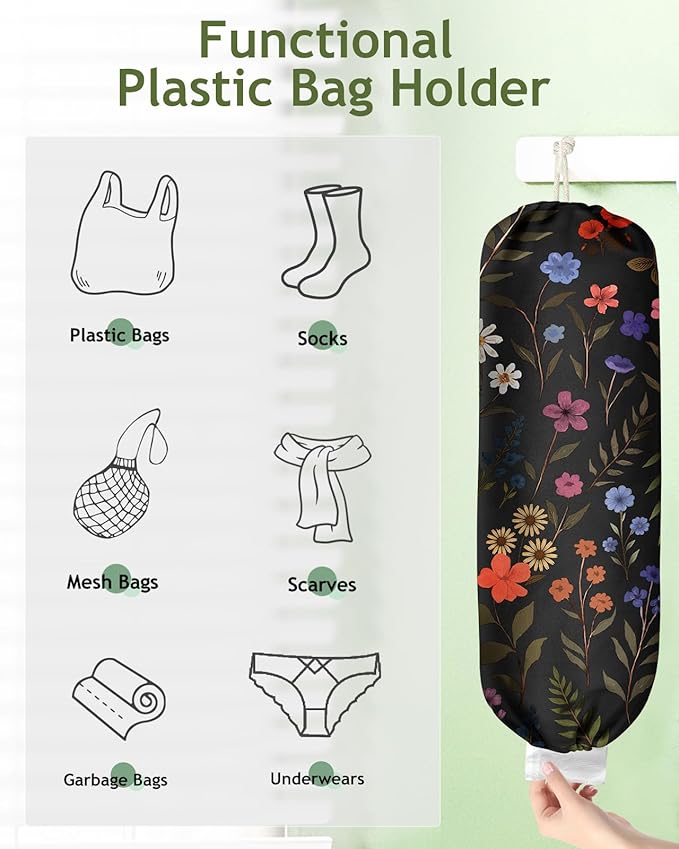 Kokaaee Plastic Bag Holder Organizer - 1 Pack Reusable Canvas Grocery Bags Holder Hanging Wall Cute Aesthetic Shopping Bag Storage Dispenser with Drawstring Closure for Kitchen Home, Black Floral