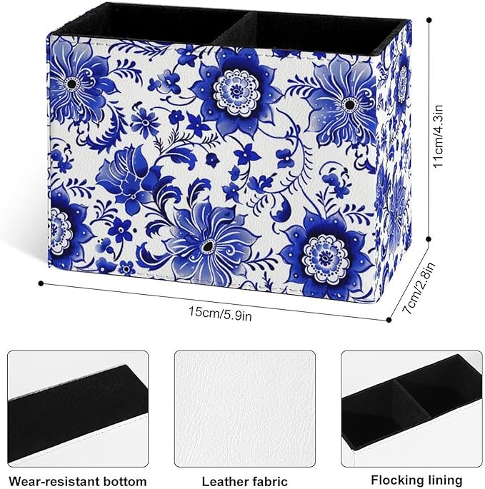 Famame Porcelain Blue Flowers Pencil Holder for Desk, Leather Desktop Container Pen Cup Storage Study Table Pen Organizer Makeup Brush Holder for Classroom Office Home