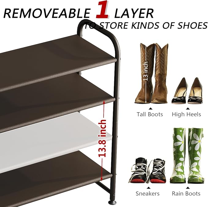 Shoe Rack 4-Tier Long Storage Organizer, Wide Metal Shoe Shelf for Closet, Entryway, Brown