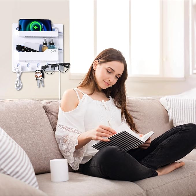 Bedside Shelf Wall Mount, Adhesive Bedside Shelf Accessories Organizer with Hooks and Cable Clips,Dorm Bedside Wall Storage for Phone, Remote, Earphone, Kindle,Plastic (5 Hooks Style)