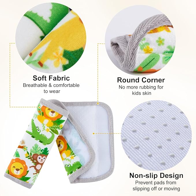 Seat Belt Cover Pad for Baby, Soft Seatbelt Cushion Covers for Kids, 2 Pcs Car Seat Strap Shoulder Pads for All Car Seats, Stroller, High Chair, Green Zoo