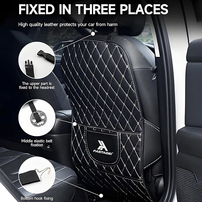 Universal Car Kick Mats Back Seat Protector with Storage Pockets, Premium Leather Car Seat Back Cover Protector Waterproof Scratch-Resistant Easy Clean