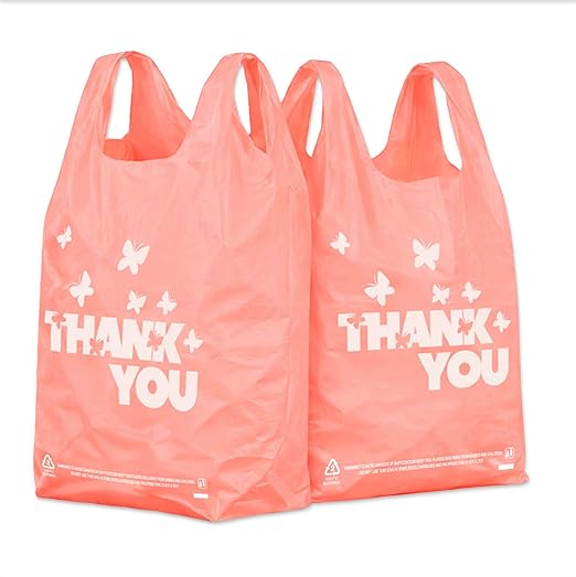 PINK Thank You Bags, 200PCS T-Shirt Bags, To Go Bags, Grocery Bags, Reusable and Disposable, Perfect for Small Business, Take Out, Retail, 11 inch x 6 inch x 21 inch (200), Large
