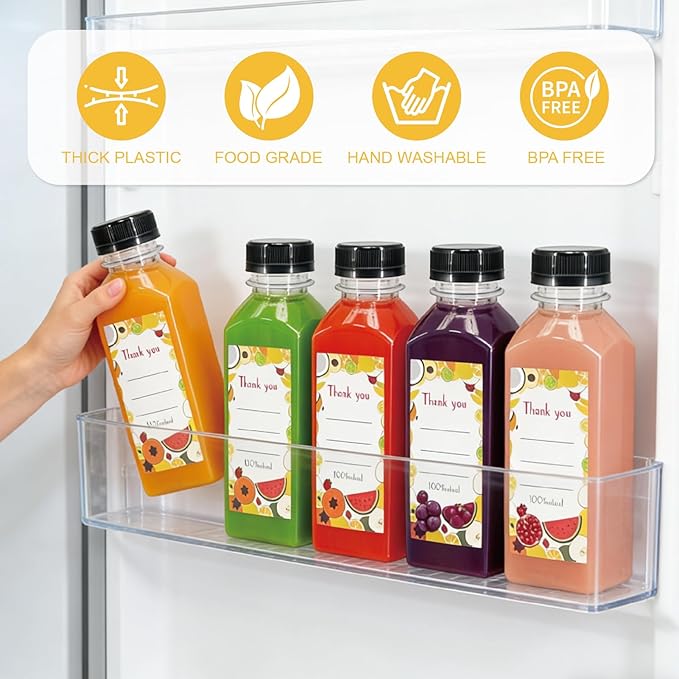 100 Pack 12oz Clear Reusable Plastic Juice Bottles with Caps, Food Grade BPA-Free Leak Proof Juicing Containers with 108 Labels & brush& Silicone Funnels for Homemade Juice, Smoothies & Travel