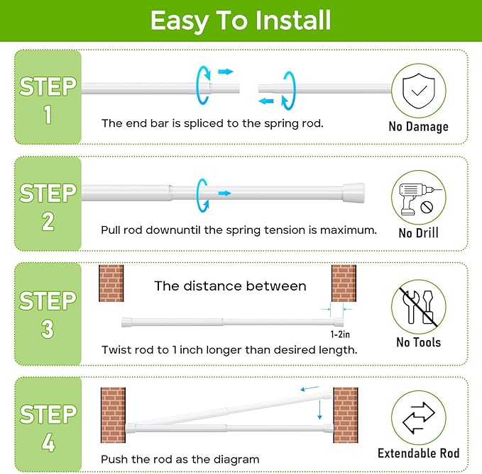 2 Pack Spring Tension Rods 33-59 Inches Adjustable White No Drill Spring Loaded Curtain Rod Small Short Tension Curtain Rod Expandable Tension Rod for Windows, Kitchen, Doorway, Bathroom, Cupboard Bars