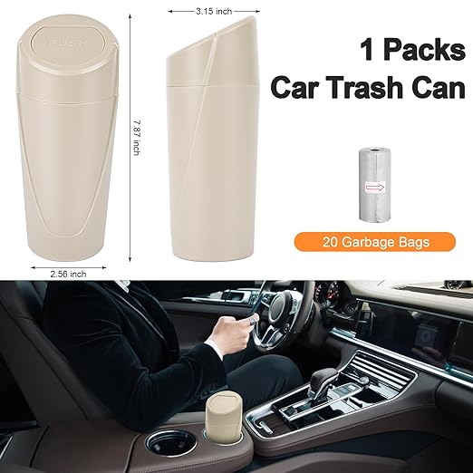 Kincown Car Trash Can, Mini Car Trash Bin with Lid, Leakproof Cup Holder Car Garbage Can with 20 Trash Bags, Vehicle Front Back Seat Organizers and Storage for Car, Home, Office, Beige