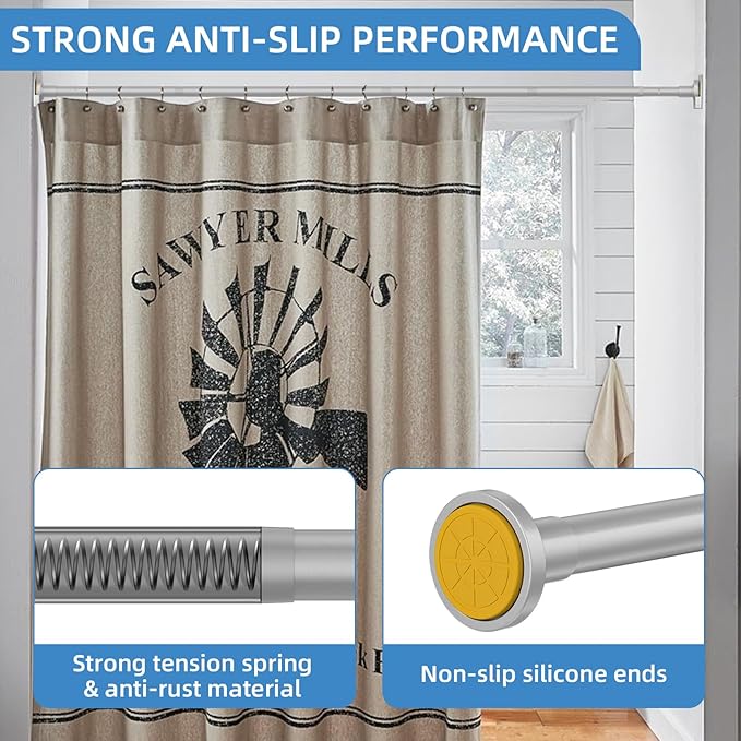 CorkLatta Matte Silver Shower Curtain Rod,1 Inch Diameter Stainless Steel Adjustable Spring Tension Rods 32 to 80",with Holders,Anti-Slip,Curtain Rods No Drilling(1 Pack)