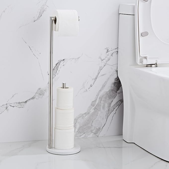 Marble Toilet Paper Holder Stand - Brushed Nickel, Freestanding with Storage, Floor Stand, Silver Toilet Roll Holder, Standing Paper Towel Holder