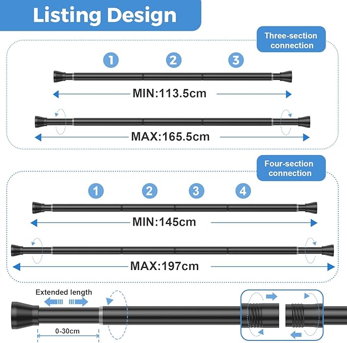 Shower Curtain Rod 45-77 Inch Black Shower Tension Rod Adjustable Curtain Rod No Drilling Tension Curtain Shower Rods for Bathroom Windows