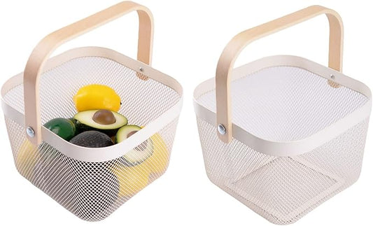 IBWell Square Metal Wire Woven Fruit Storage Bowl Basket with Wooden Handle, Large Black Mesh Fruit Stand, Multi-function Hanging Kitchen Baskets (White, Nomal 2PCS)