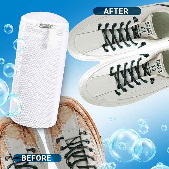 EPSCY Shoe Washing Machine Bags - Reusable Sneaker Laundry Shoe Bag with 360° Deep Clean Mesh - Self Locking Zipper, Noise Reduction Washing Bag Fits All Shoes Sizes and Types - White, Pack of 2