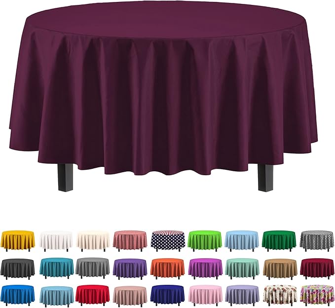 Party Solids Pack Of 12 Premium Plastic Tablecloth 84 Inch Round Table Cover - Plum