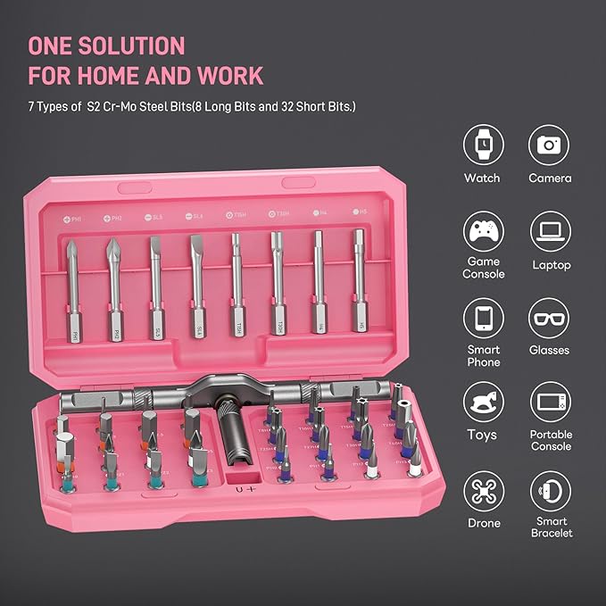 Professional 42 in 1 Magnetic Screwdriver Tool Kit Multi Functional Precision Bits for PC, Camera, Smartphone, Furniture, Bike – Ideal for Electronics & Home Repairs Pink