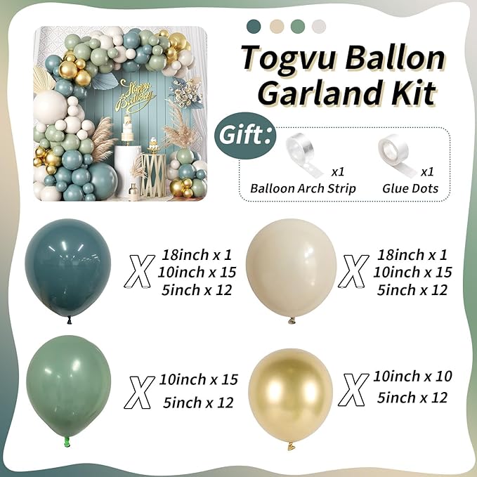 Dusty Sage Green Blue Gold Balloon Garland Kit, 107 PCS Pastel Olive Green Slate Blue Beige Metallic Gold Balloon Arch Kit for Women Men Boho Birthday Wedding Baby Bridal Shower Party Decorations