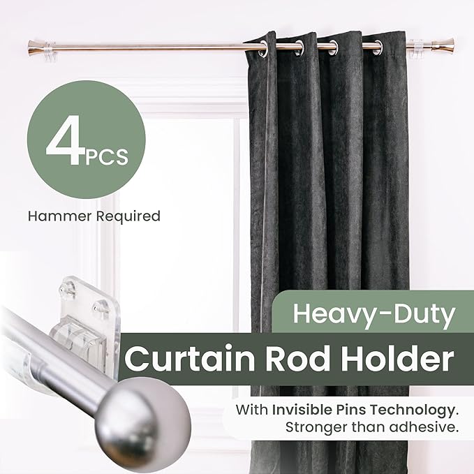 No Adhesive Heavy Duty Curtain Rod Holders with Wide Hook, 5X Stronger Than Adhesive Curtain Rod Hooks,Tension Curtain Rod Bracket for Wall with Pin Guide, Curtain Wall Mount (4 Pack, for 0.75" Rods)