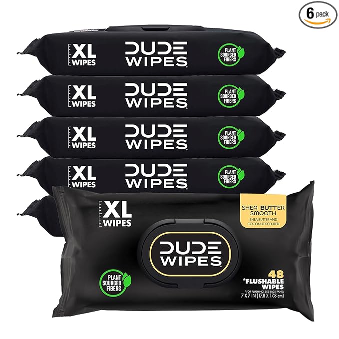 DUDE Wipes Shea BUTTer Flushable Wipes - Extra-Large Adult Wet Wipes - 6 Pack (288 Count) - Infused with Coconut Oil, Vitamin E, and Aloe - Septic and Sewer Safe